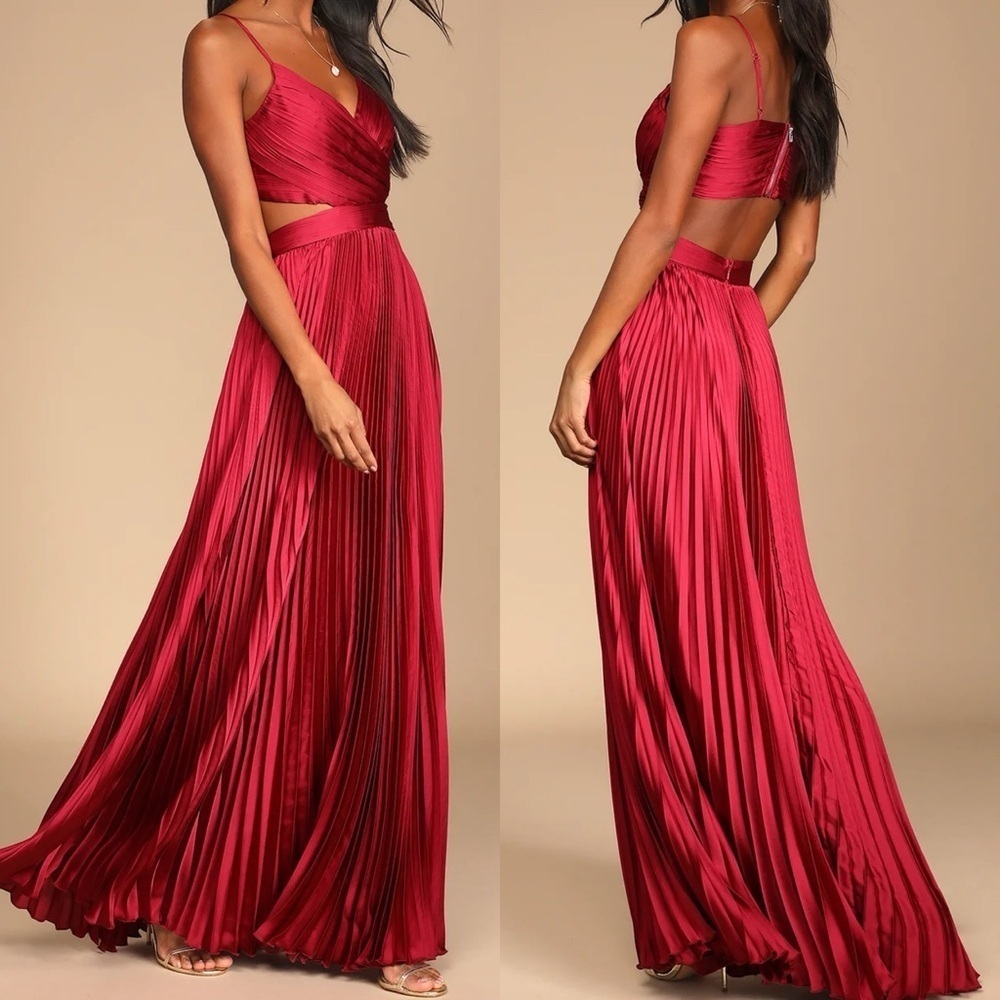 Got the Glam Wine Red Pleated Cutout Maxi Dress